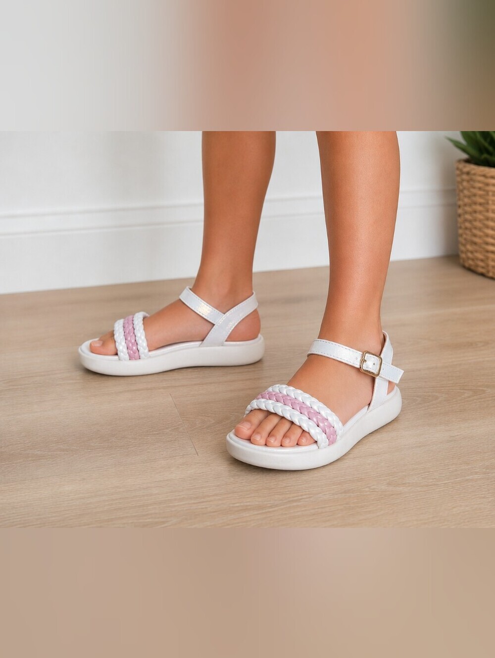 Kenzie Girl Girls Sandals Size 1 White & Pink Braided Ankle Strap Sandals